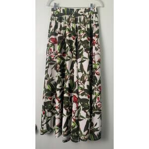 B My Story Long Wide Leg Pants With Berry ,Leaf , Red Bird Print Elastic Waist L